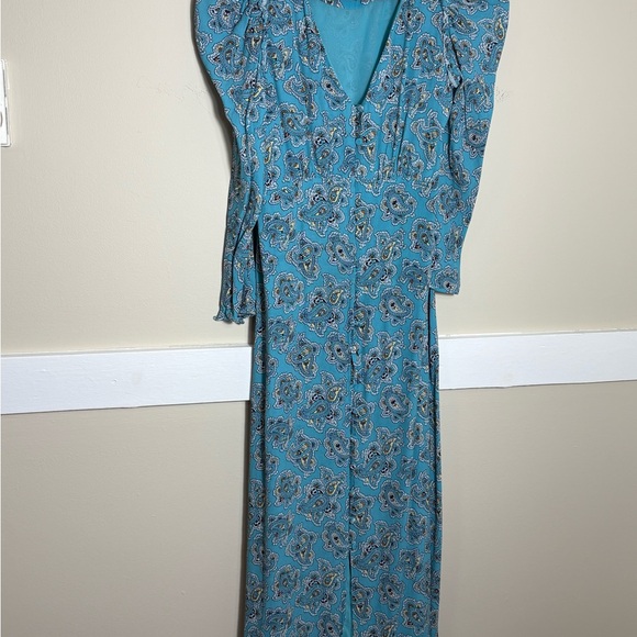 J. Crew Sky Blue Paisley V-Neck Long Sleeve Dress Puff Sleeve Button Front 4 - Picture 2 of 9